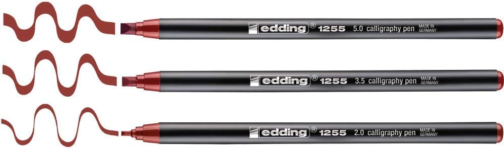 edding 1255 calligraphy pen - crimson lake - 3 pens - calligraphy nib 2-5 mm - fibre pens for paper, wood, terracotta, canvas - hand lettering, bullet journals, thank you cards, calligraphy books