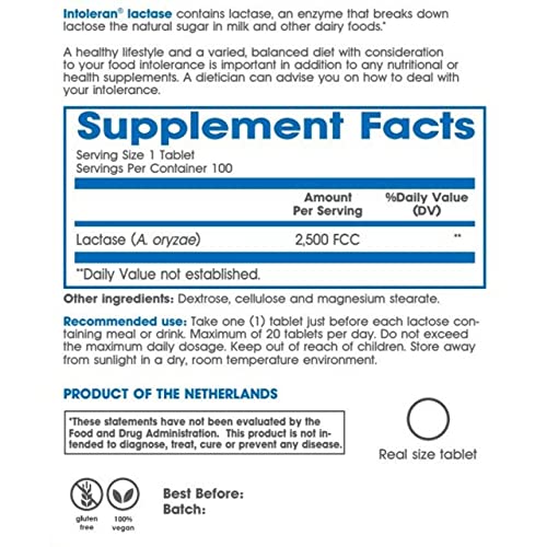 Intoleran Lactase 2500 For Lactose Intolerance, Lactase Enzyme Helping With The Digestion Of Dairy Products - 100 Small Tablets, White #TOP3