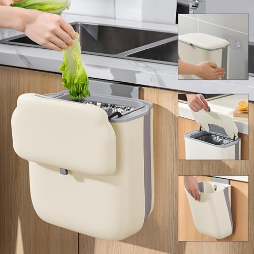 Accmuzzy 10L Collapsible Hanging Kitchen Bin With Lid - Wall Compost Food Waste Caddy for Inside Cupboard, Under Sink Counter, Cabinet, Caravan Door, Bedroom, Toilet (Cream)
