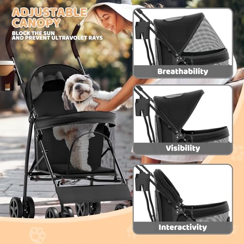Magshion Compact Pet Stroller for Small-Medium Dogs/Cats up to 22lbs, 4-Wheel Lightweight Umbrella Shaped Portable Puppy Travel Jogger with Breathable Mesh, Cup Holder & Rear Storage, Black - Thumbnail 5