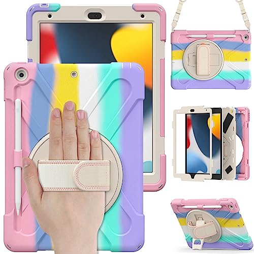 IOSパッド10.2 2019 2020 2021用ケース、IOSタブレット保護ケース、回転スタンド、ショルダーハンドストラップ、スクリーン保護、全身耐衝撃保護カバー (カラフルなピンク)