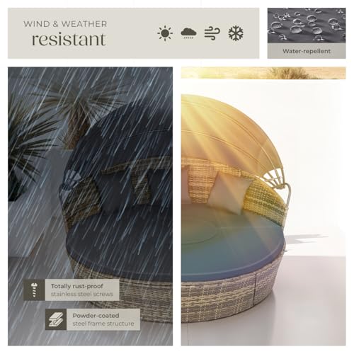 tectake® 5-Piece Modular Rattan Garden Daybed with Fold-Out Sun Canopy, UV-Resistant Rattan Garden Furniture Set with Pillows, Sectional Sun Lounger Set for Patio, Backyard, Balcony - Nature 7 tectake® 5-Piece Modular Rattan Garden Daybed with Fold-Out Sun Canopy, UV-Resistant Rattan Garden Furniture Set with Pillows, Sectional Sun Lounger Set for Patio, Backyard, Balcony - Nature - Image 7