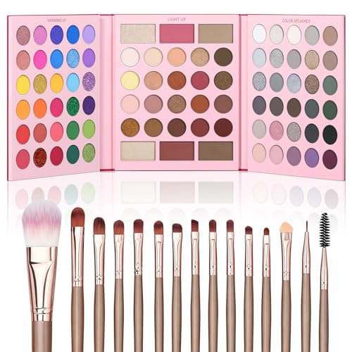 86 Colors Makeup Palette with 15PCS Brushes Set, Matte Glitter Eyeshadow, Highlighter, Blush & Contour All in One – Vibrant, Neutral & Smoky Shades – Xmas, Valentine’s & Birthday Gift Set
