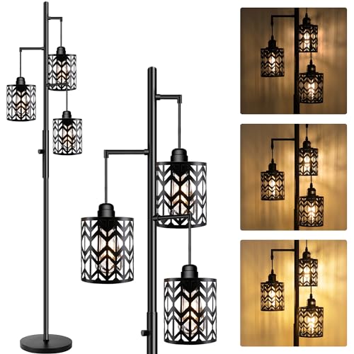68" Industrial Floor Lamp, Dimmable Farmhouse Floor Lamp for Living Room, 3 Light Rustic Standing Tall Lamp Including 3 PCS 6W E26 Bulbs, Sturdy Base Vintage Floor Lamp for Bedrooms Room, Office, Bar