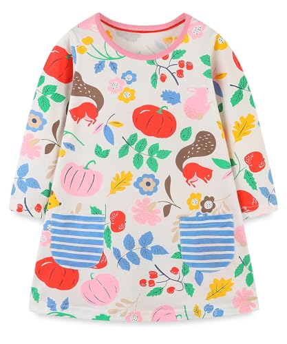 FreeLu Toddler Girls Cartoon Applique Dresses Striped Casual Dress Cotton Jersey Longsleeve T-Shirt