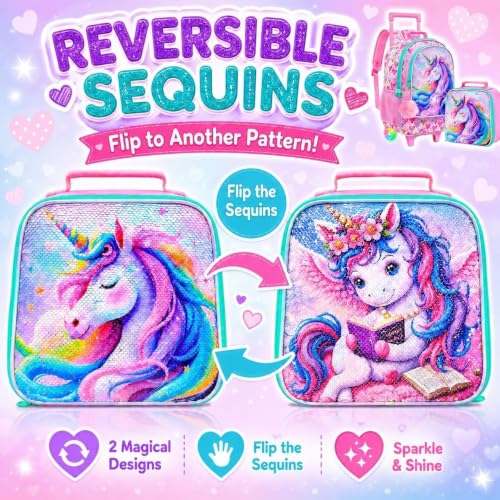Image of CCJPX 3Pcs Unicorn Rolling Backpack for Girls, 18 inch Kids Glow Wheels Bookbag with Lunch Box, Lightweight Roller School Bag for Elementary Preschool (Pink)