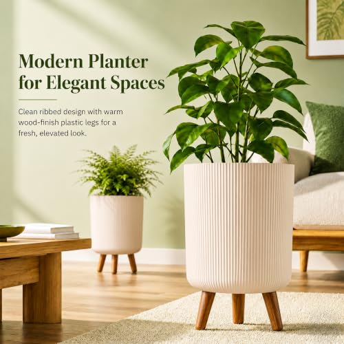 Image of Eightiz Store Modern Warm Beige Flower Pot with Plastic Legs | Indoor Outdoor Planter for Home Garden Balcony Decor Ribbed Design Sturdy Plastic Mid-Century Style (Warm Beige, Pack of 2)