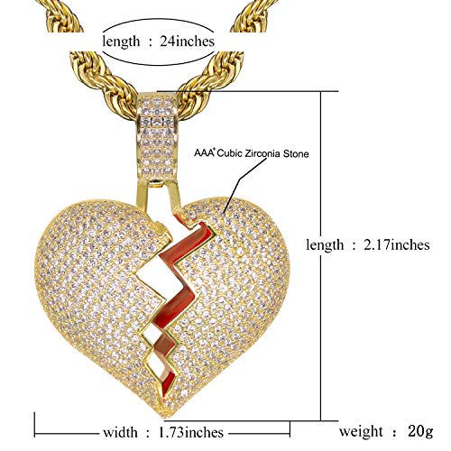 Broken Heart Pendant Necklace Hip Hop CZ Fully Iced Out Bling CZ Diamond 24K White Gold Plated with 24" Stainless Rope Chain2