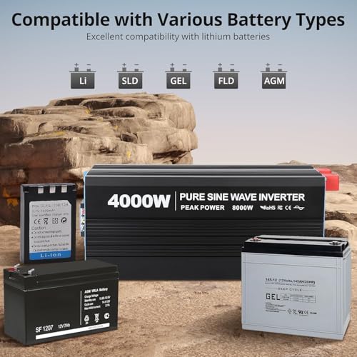 Image of 4000W Pure Sine Wave Power Inverter 12V to 110V /120V DC to AC with LCD Display, Remote Controller 4 x AC Outlets & 2 x 3.4A USB Car Adapter for Car Truck Boat RV Solar System