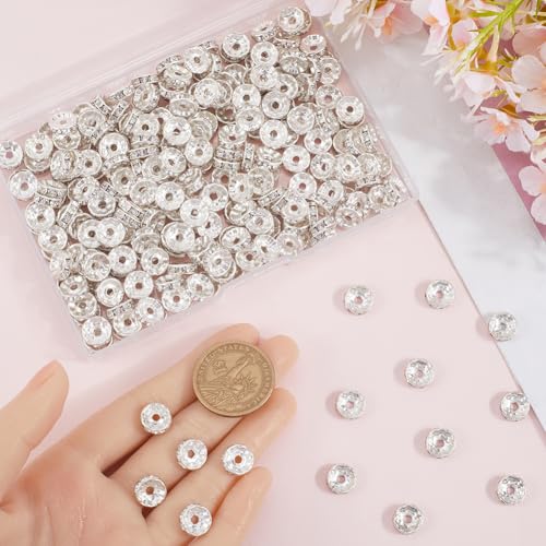 SOFPLATE 1 Box 300Pcs Brass Rhinestone Spacer Beads 10mm Crystal Bead Spacers Bulk Silver Clear Loose Charms Czech Diamond Round Metal Rondelle Spacer Beads for jewellery Making Bracelets Earrings - Image 3