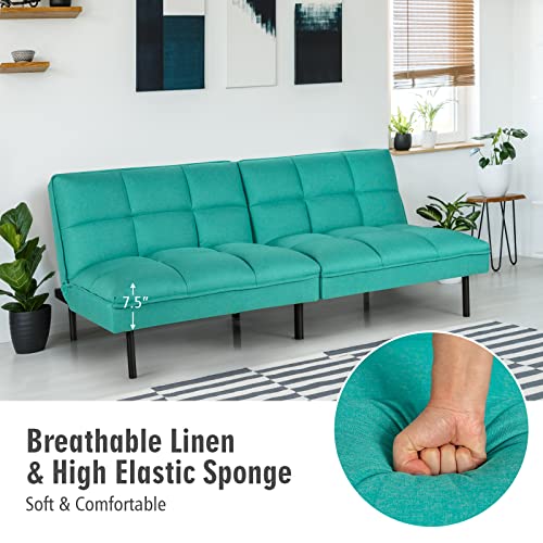 Giantex Sofa Bed, Convertible Sleeper Couch, Linen Fabric Futon, Recliner With 3 Level Adjustable Backrest, Metal Legs, 71”X35.5”X31”, Living Room Bedroom Reception Room (Turquoise) #TOP6