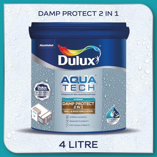 Image of Dulux Aquatech DampProtect 2-in-1 Basecoat - Heat Resistance Paint for Summer Cool Roof, Exterior Waterproofing for Walls & Terrace Roof, Crack Bridging, 10C Cooling, 8 Yr Warranty - 4 L