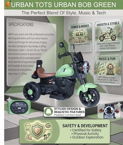 Image of Urban Tots 3-Wheel Electric Ride-On Bike for Kids | LED Lights, Music, USB & Bluetooth | Rechargeable Toy Bike | Age 3+ Years (Urban Bob, Green)