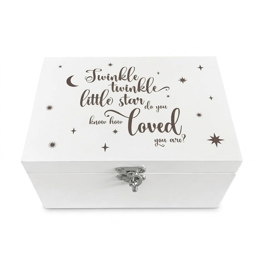"Twinkle Twinkle Little Star, Do You Know How Loved You Are" Engraved Baby Memory Box | White Wooden Keepsake Storage | Unisex Gift for New Parents, Baby Shower & Newborn | 30cm x 23cm x 18cm