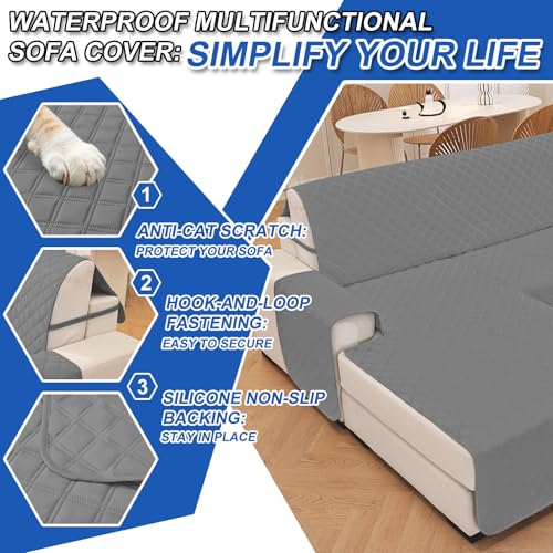 YSTELLAA 100% Wasserdicht Couch Überzug L Form 3 Sitzer, Sofa Cover L Shape Reversibel Universal, Gesteppte Sofa Überzug Ecksofa rutschfest, Couch Bezug Ecksofa Ratzfest Waschbar, Hellgrau