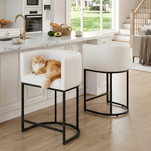 Image of HNY White Modern Barrel Counter Height Bar Stool, 24 Inch PU Leather Kitchen Barstool with Back for Island, with Black Metal Tubular Frame