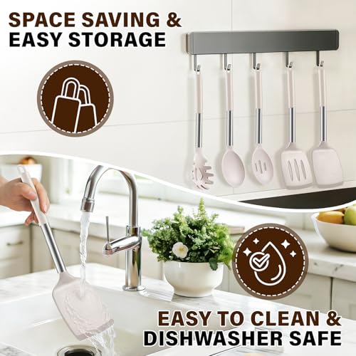 Image of 5Pcs Silicone Cooking Utensils Set, Heat Resistant Kitchen Tools Include Solid&Slotted Spatula, Cooking Spoon and Pasta Server, Silicone Kitchen Utensils set for Nonstick Cookware Flipping, Khaki