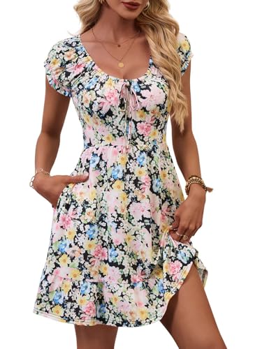 Image of HUHOT Teen Petite Women Floral Short Summer Mini Dresses with Pockets Cute Milkmaid Sundress 2026