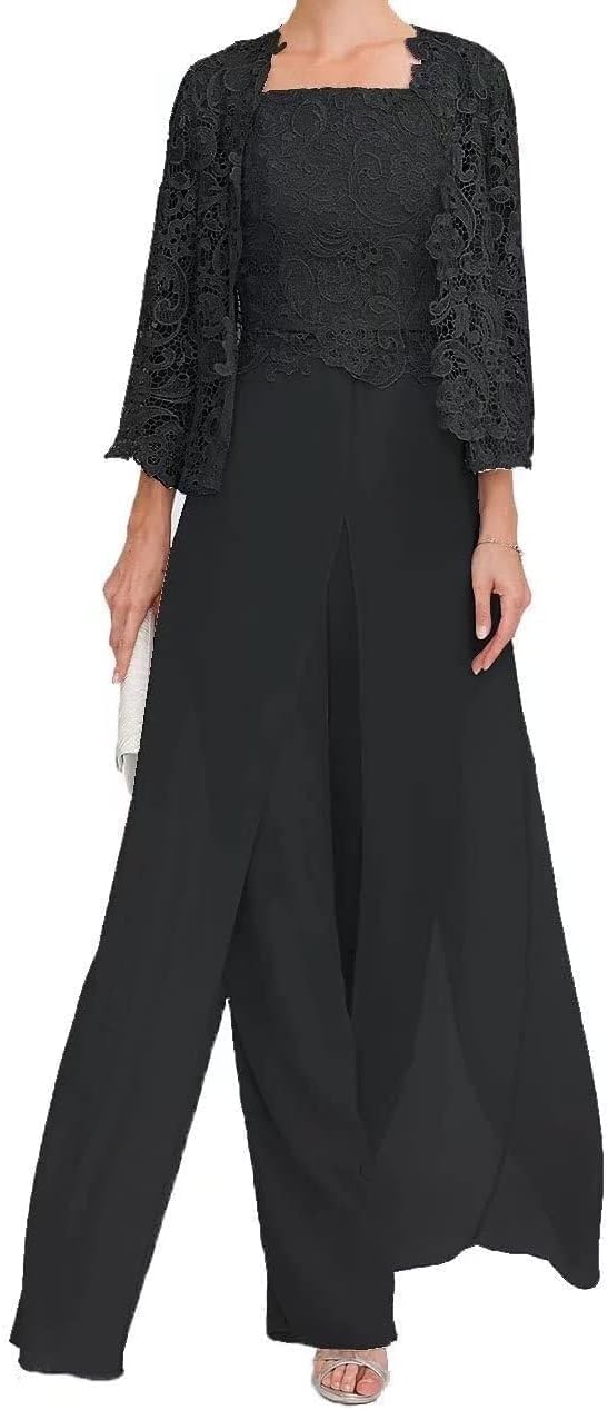 Mother of The Bride Groom Pant Suits 3 Pieces - Chiffon Jumpsuit Women Dressy Outfit for Wedding Formal with Lace Jacket