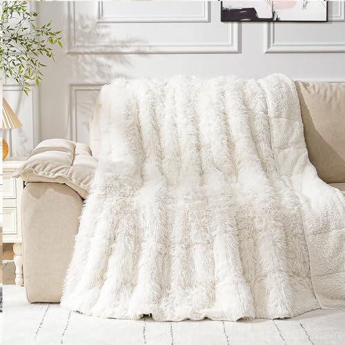 Image of Cottonblue Fluffy Weighted Blanket 20lbs, Luxury Fuzzy Faux Fur Weighted Blanket Throw for Adults, Long Fur Shaggy Snugly Blanket Cosy Winter Blanket for Home Decor, 60 inchx80 inch, Cream White