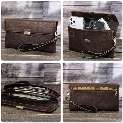 Image of Top Grain Genuine Leather Clutch Wallet with Wristlet for Man & Woman, Handmade Retro Design, Magnetic Push Lock, Multi Pockets /Slots, RFID Large Capacity for Cards /Check /Cash /Coin /Passport, Red Brown