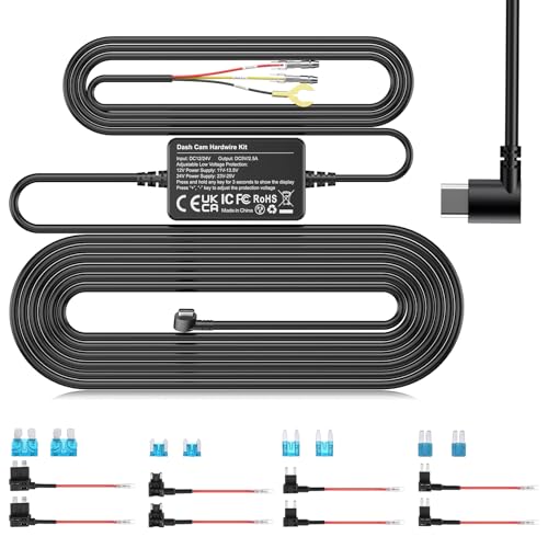 sarmert Dash Cam Hardwire Kit, 11.5ft USB C Car Dash Camera Charger Power Cord, 8 Fuse Taps, 12V-24V to 5V/2.5A Adjustable Low Voltage Protection, Enable 24H Parking Monitoring for C1, C2, M571, M572