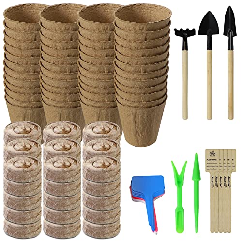 Aoutrow 166 Pcs Seed Starter Kit with Coco Coir Pellet Fiber Soil, Peat Pots & Plant Labels, Plant Starter Pellets with Mini Garden Tools, Seedlings Dibber and Widger, Gardening Gift for Seed Starters