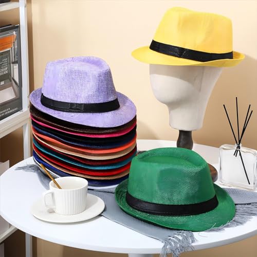 Image of Lasnten 16 Pcs Fedora Style Hat Bulk Men 1920s Gangster Short Brim Panama Cap Women Party Costume, Circumference 60 cm(Multicolor)