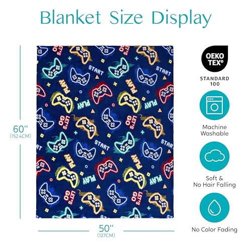 Joiedomi Glow in The Dark Gaming Blanket Gamer Gifts for Boys Age 2 3 4 5 6 7 8 9 10 11 12 Year Old, Soft Cozy Flannel Kids Throw Blanket, Birthday Bedroom Decor Dark Blue 50"×60"