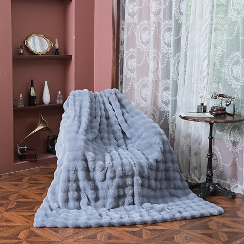 UKELER Faux Fur Bed Blankets 80''x90'', 750 GSM Double Sided Fluffy Warm Thick Bubble Furry Blanket for Bed, Sofa, Couch, Travel, Super Cozy Plush Fluffy Fuzzy Throw Blanket for All Seasons, Grey