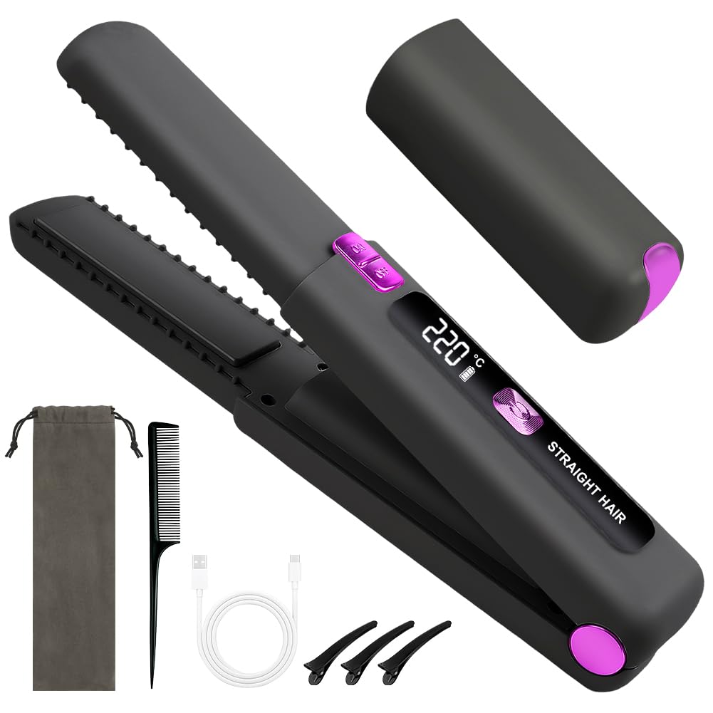 Plancha de Pelo Inalámbrica, 160-220°C Plancha Pelo Viaje 2 en 1, Portátil Mini Rizador Pelo, Iones Negativos Anti-estática Reducir el Daño Capilar,Calentamiento Rápido,6 Niveles,Pantalla LCD C