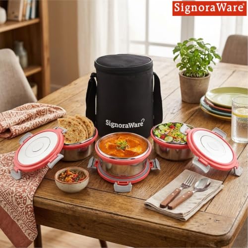 Image of Signoraware Meal Mate Stainless Steel Big Lunch Box with Bag (450mlx3, Red)