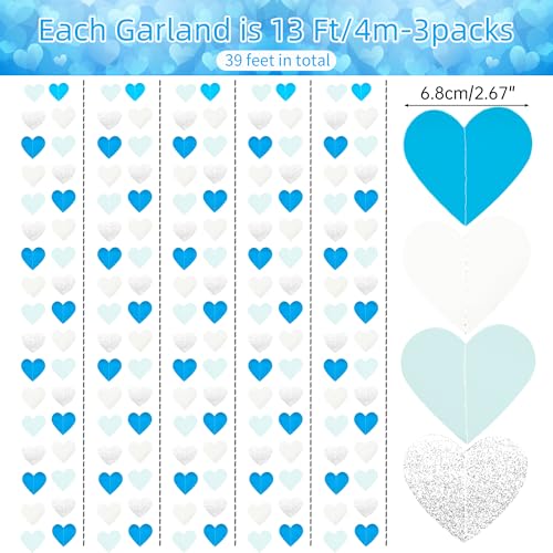 Image of Light-Blue White-Silver Party-Decoration Heart Garland - 39Ft Baby Boy Shower Birthday Streamers Graduation Bachelorette Bridal Christmas Wedding Banner Decor