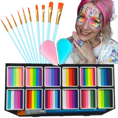 Image of Face Painting Kit, 12 Split Cake Face Paint Palette Makeup Kit Non-Toxic Water Activated with Brush, Sponge for Party Halloween (12 Split Cakes)