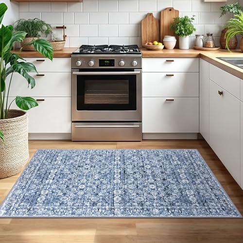 3x5 Blue Washable Rug for Entrance, Soft Distressed Floral Rug with Non-Slip, Low-Pile Vintage Area Rugs for Office Entryway Bedroom, Non-Shedding Carpet for Boys Dorm