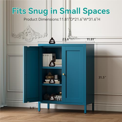 Image of Metal Floor Storage Cabinet, Small Freestanding Sideboard Storage with 2 Adjustable Shelves for Bathroom Entryway Living Room Dining Room Coffee bar Kitchen,11.8 inchD x 23.6 inchW x 31.5 inchH,3-Tier,Teal Blue