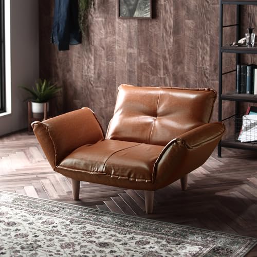 ソファー 1人掛け カウチソファー リクライニング キャメル PVC生地 脚部ナチュラル 幅88cm ソファ 肘付き 脚付き 合成皮革 合皮 日本製