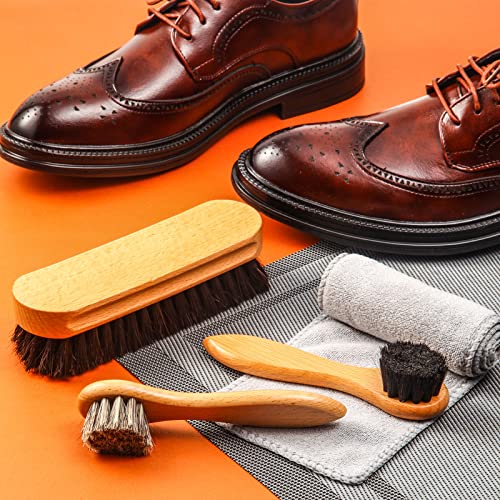 4 Pcs Horsehair Shoe Brush Kit Polishing Daubers Applicators Leather Care Brushes Shine Cleaning Cloth with Case(Shoe Brush Set F)