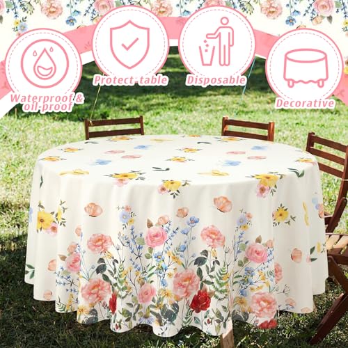 Image of Ganeen 6 Pcs Retro Wildflower Plastic Tablecloth 84 Inch Spring Round Tablecloths Floral Theme Birthday Decor Disposable Plastic Round Waterproof Table Cover for Holiday Wedding Decoration Party Favor