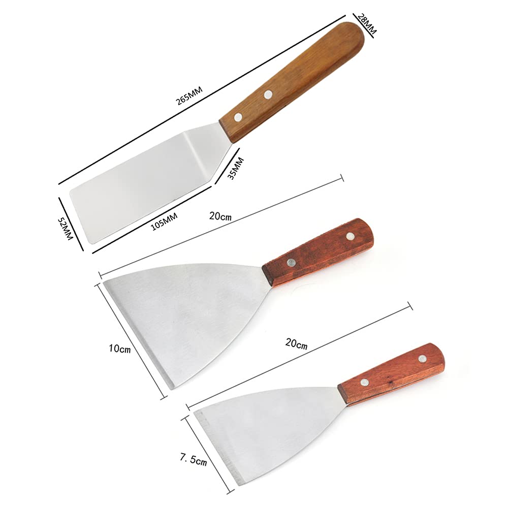 Teppanyaki Spatule, Spatule Barbecue Spatules Teppanyaki à Manche en Bois Spatules pour Barbecue en Acier Inoxydable Spatule Plate pour Tourneur et Grattoir pour Cuisine Barbecue, 3 Pièces