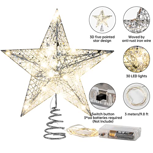 Callenbach Weihnachtsbaumspitze Stern, LED-Metallstern, beleuchtet, Weihnachtsdekoration, Weihnachtsbaumschleife, beleuchtete Glitzer-Ornamente, 25,4 cm, Silber