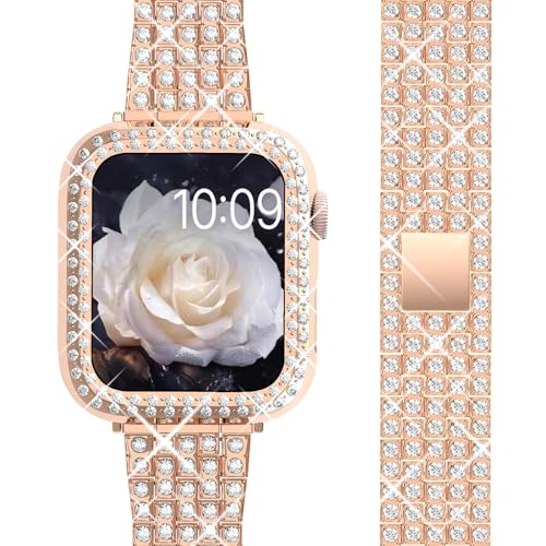 Image of QVLANG Compatible for Apple Watch Band 38mm Series 3 /2 /1, Diamond Rhinestone Case + Women Bling Band Stainless Steel Metal Bracelet for iWatch (Rose Gold, 38mm)
