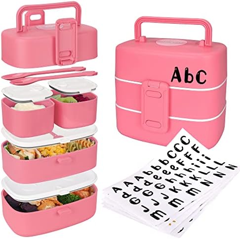 DOIOED Bento Lunch Box for Kids/Toddlers, Include Name Sticker - Leak Proof Stackable Bento Box with 4 Compartments - Children/Adults Lunch Containers, Durable Perfect Size for On-the-Go Meal.