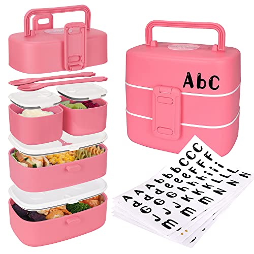 Doioed Bento Lunch Box For Kids/Toddlers, Include Name Sticker - Leak Proof Stackable Bento Box With 4 Compartments - Children/Adults Lunch Containers, Durable Perfect Size For On-The-Go Meal. #TOP27