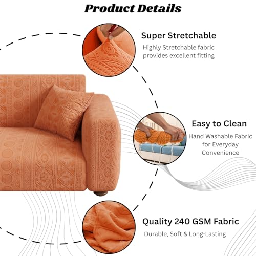 Image of Lukzer 2 Seater Pastel Orange Tribal Pattern Sofa Cover | 240 GSM Universal Stretch Fit Jacquard Fabric Couch Protector | Fully Covered Anti Slip & Washable Sofa Cover (140-180cm /SC-074-02)