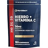 Hierro y Vitamina C (14mg) Suplemento | con Vitamina C, Vitamina B12 y Ácido Fólico | 180 Comprimidos Veganos | Vegan Iron Supplement para el hombre y la mujer | Horbaach