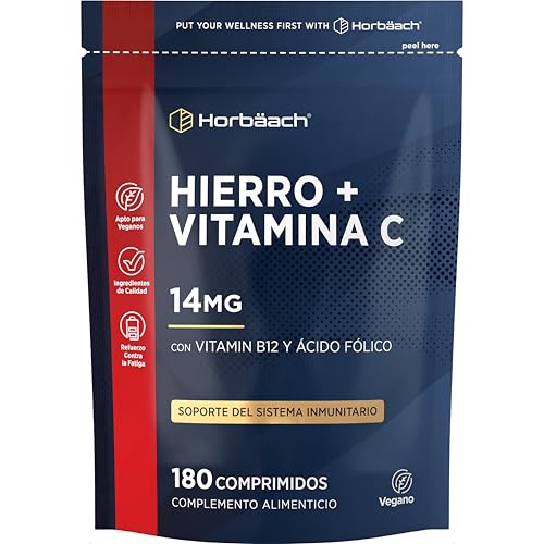 Hierro y Vitamina C (14mg) Suplemento | con Vitamina C, Vitamina B12 y Ácido Fólico | 180 Comprimidos Veganos | Vegan Iron Supplement para el hombre y la mujer | Horbaach