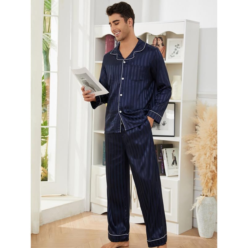 U2SKIIN Silk Pajamas for Men, Long Sleeve Men Satin Pajamas Set Striped Button Down 2-Piece Pjs Set3