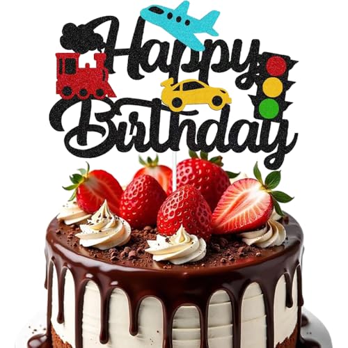 Happy Birthday Cake Topper, Car Cake Topper, Birthday Decorations for Men, HSC DIY Glitter Paper Cupcake Decoration with Airplane, Train, Car, Traffic Light for Boys Girls Kids Party Supplies - 1 PC