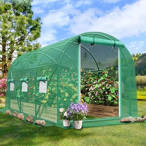 Grezone Walk-in Greenhouse Upgraded Green House with Zippered Screen Doors & 6 Screen Windows Heavy Duty Plastic Plant Warm House with Reinforced Frame (12x7x7 FT) Cover